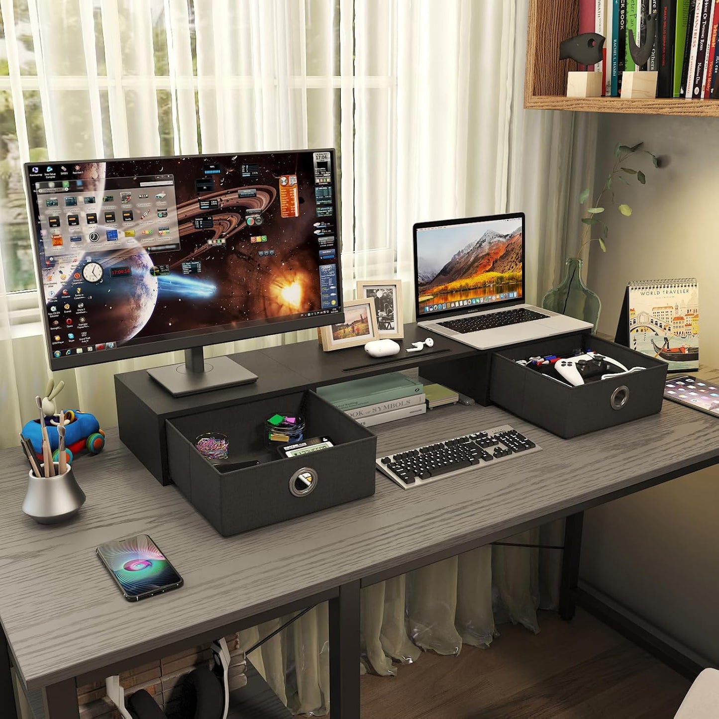 WESTREE Dual Monitor Stand Riser with Two Drawers, Extra Large Storage for 2 Monitors, Desktop Oraganizer Computer,Laptop,Screen,Printer,TV