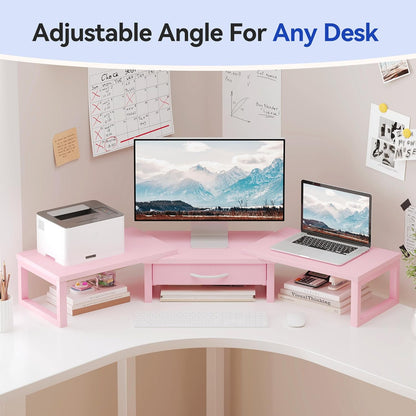 Dual Monitor Stand Riser, Desk Organizers and Accessories with Drawer, Computer Monitor Stands for Desk, Adjustable Desktop Shelf for PC Laptop Printer TV, Black