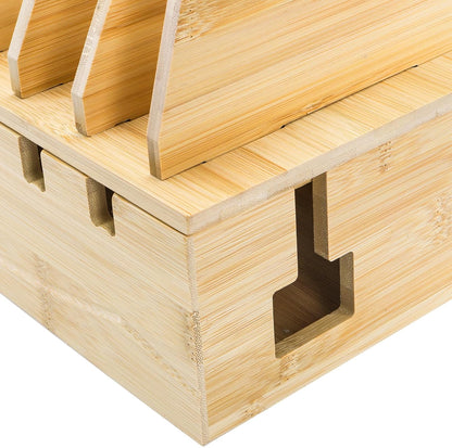 WRINGKIT Bamboo Charging Station for Multiple Devices, Desktop Charging Organizer with Removable Divider Slots, Docking Stations Stand for 6 Devices, Compatible with Tablets, iPads, Cell Phone, Laptop