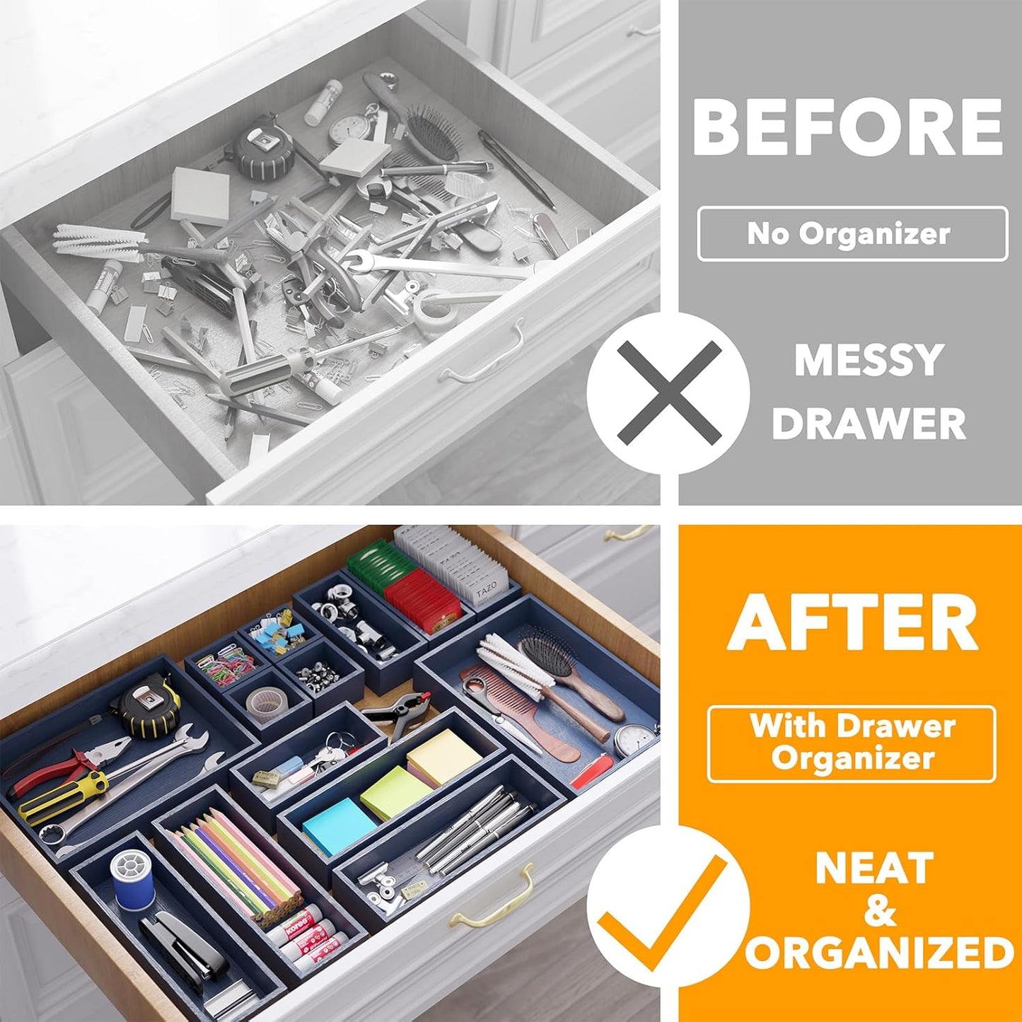 SpaceAid 14-Piece Bamboo Drawer Organizer Storage Boxes Set, Wood Tray Junk Drawer Organizers Multi-Use Divider Bins for Kitchen, Bathroom, Office Desk and Makeup Organization (14 Pack, Natural)