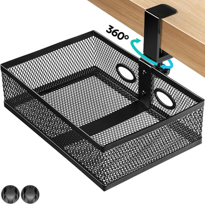 Under Desk Drawer Organizer Clamp On - 360° Swivel Metal Mesh Storage Basket, Hidden Rotating Desktop Tray for Standing Desk, Office Supplies & Gaming (No Drill, Black)