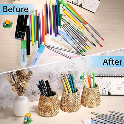 BTSKY Rattan Pen Cup, Handmade Desk Pencil Holders Makeup Brush Holder Multi-Functional Woven Basket Office&Home Desktop Organizer(Cone)