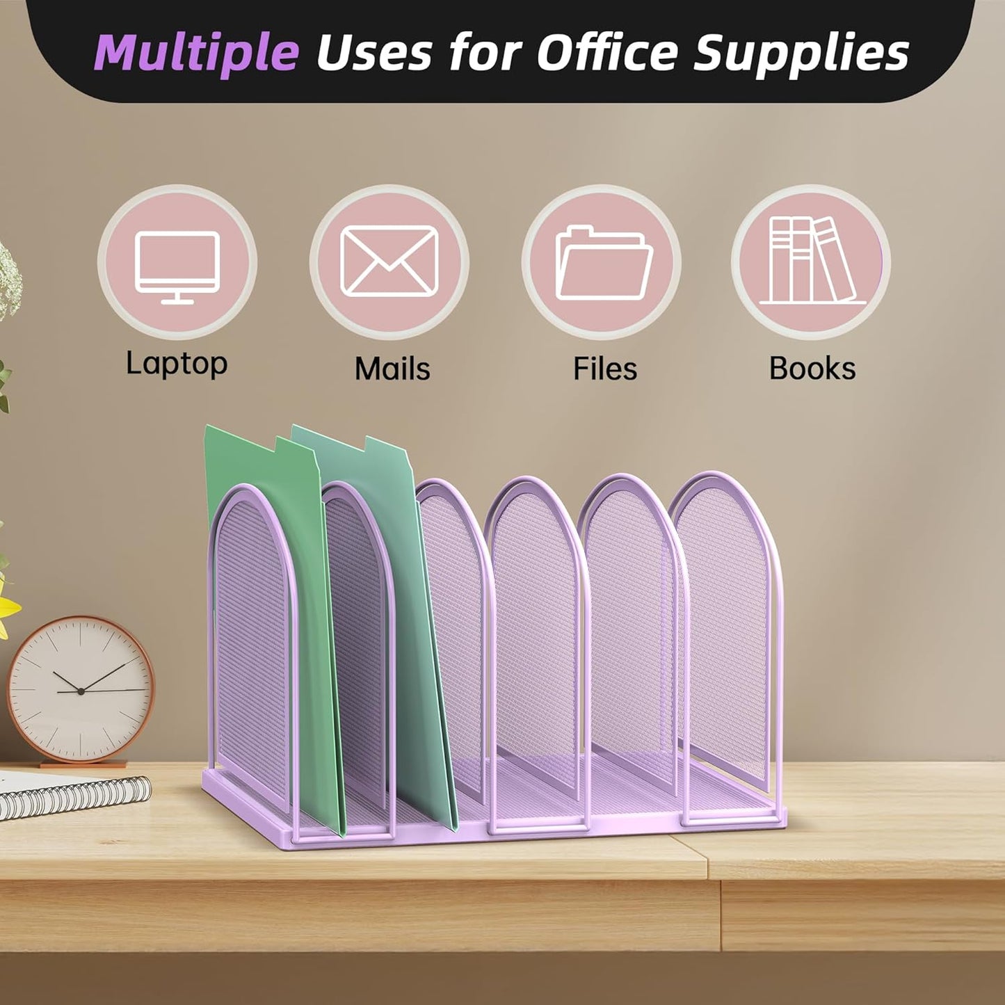 SUPEASY File Organizer for Desk, 5-Section Mesh Desk Organizer, Vertical File Holder Desktop Organizer File Sorter, File Folder Holder for Office Supplies, Black