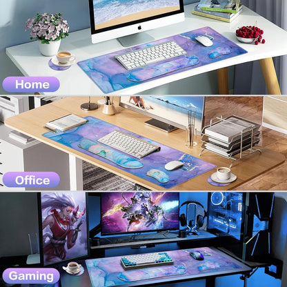 Desk Mat, Large Gaming Mouse Pad with Wrist Rest, 4in1 XXL Mousepad+Keyboard Wrist Rest+Mouse Pad Wrist Support+Cup Coaster Set Ergonomic Floral Computer Desk Arm Wrist for Decor Home Office Women