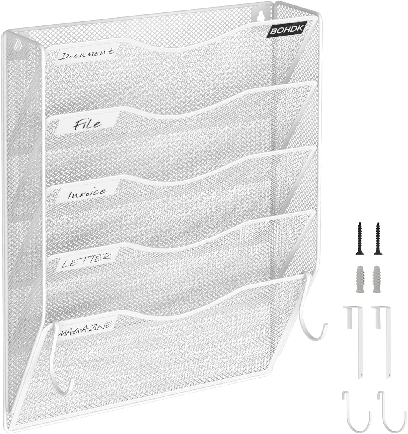 BOHDK Wall File Organizer, 6 Tier Hanging File Folder Mail Organizer, Vertical Mesh Metal Wall Mount Hanging File Holder, Paper Document Magazine Rack for Home Office Black