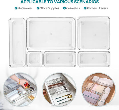 4 Pack Drawer Organizer - 3" X 6" Clear Acrylic Storage Bins with Non-Slip Pads, Versatile Desk Tray for Makeup, Jewelry, Kitchen, Bathroom, and Office Organization