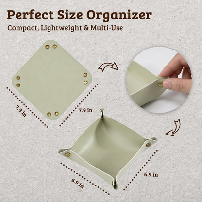 3 PACK PU Leather Jewelry Valet Tray Organizer, Foldable & Portable Catch All Bowl for Entryway Table, Nightstand, Desk & Travel | Storage Dish for Keys, Watch, Coin, Glasses (Brown)