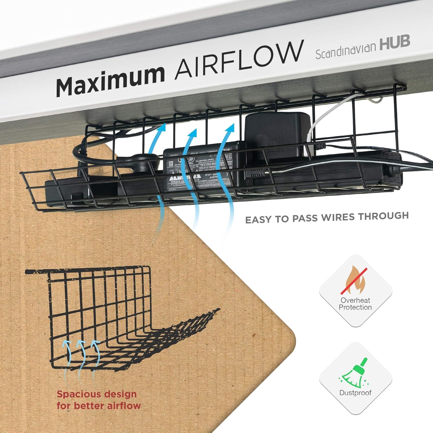 Compact Under Desk Cable Management Tray - Cable Organizer for Wire Management, Desk Wire Organizer, Cable Tray - Black Set of 2x12