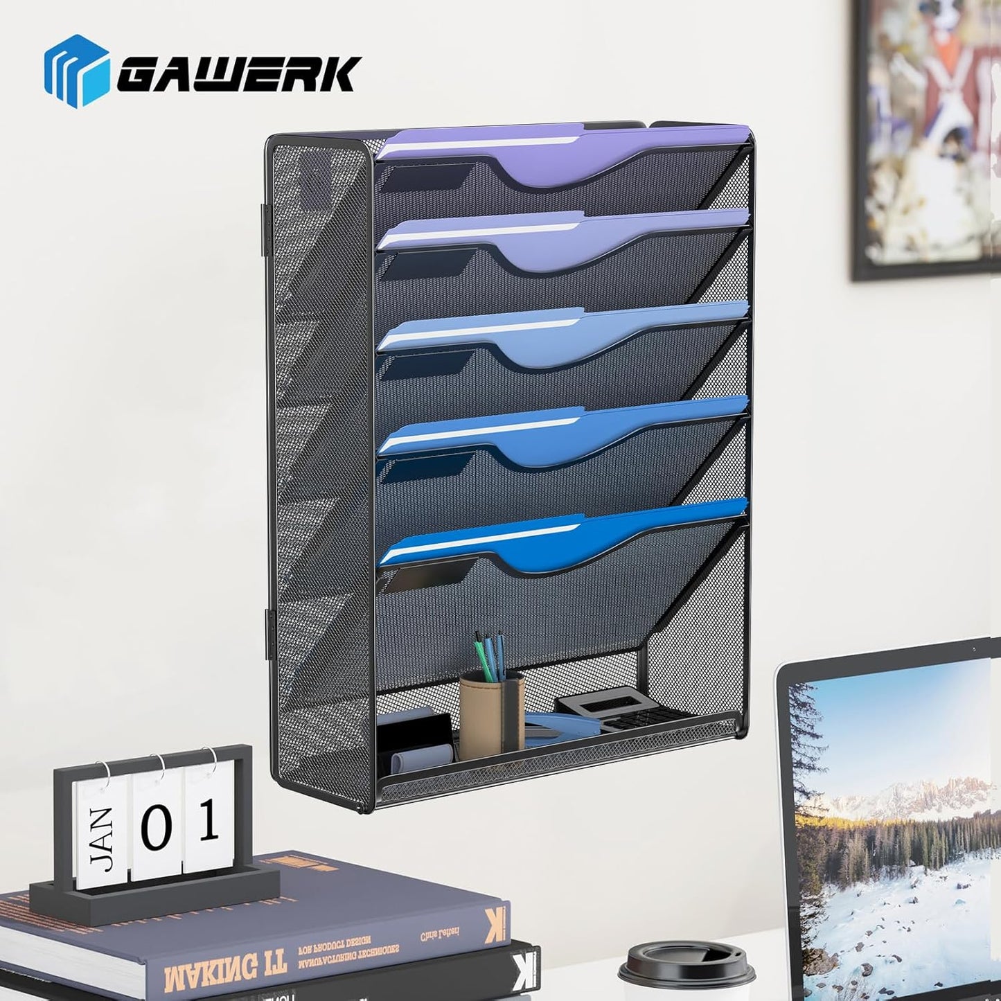 Gawerk 5 Tier Hanging Wall File Organizer, Mesh Mail Paper Orgnization Hanging File Folder Holder for Home Office, Black