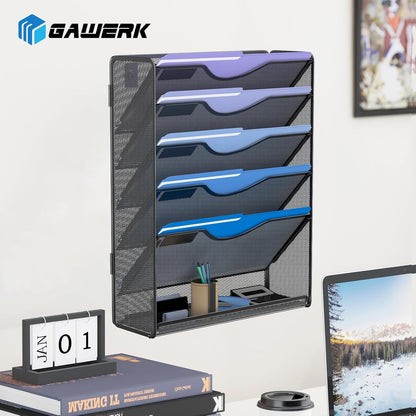 Gawerk 5 Tier Hanging Wall File Organizer, Mesh Mail Paper Orgnization Hanging File Folder Holder for Home Office, Black