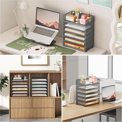 Subekyu 6 Tier Office File Paper Desk Tray Organizer with Handle, Stackable Slide Mesh Letter Tray Folder Blue Desk Organizer, Desktop Document Sorter for Classroom, Office, Home Supplies Storage