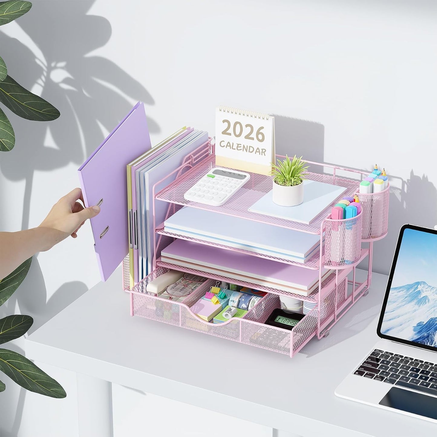 gianotter Desk Organizers and Accessories with File Holder, 4-Tier Desk Accessories & Workspace Organizers with Drawer and 2 Pen Holder, Paper Organizer for Office Supplies (Rose Gold)