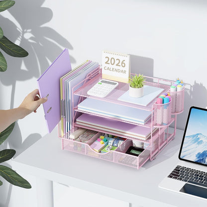 gianotter Desk Organizers and Accessories with File Holder, 4-Tier Desk Accessories & Workspace Organizers with Drawer and 2 Pen Holder, Paper Organizer for Office Supplies (Rose Gold)