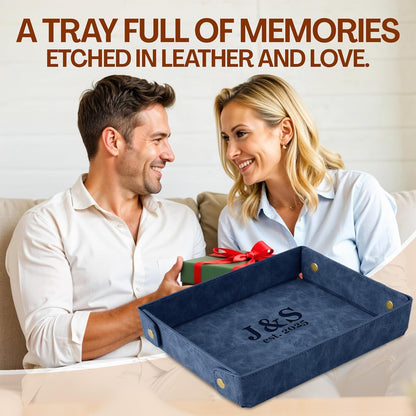 Engraved Leather Valet Tray for Men – Personalized Catchall with Custom Name for Desk, Dresser, Nightstand – Men's Organizer Tray for Keys, Wallet, Jewelry, Personalized Gift for Home, Office - Coffee