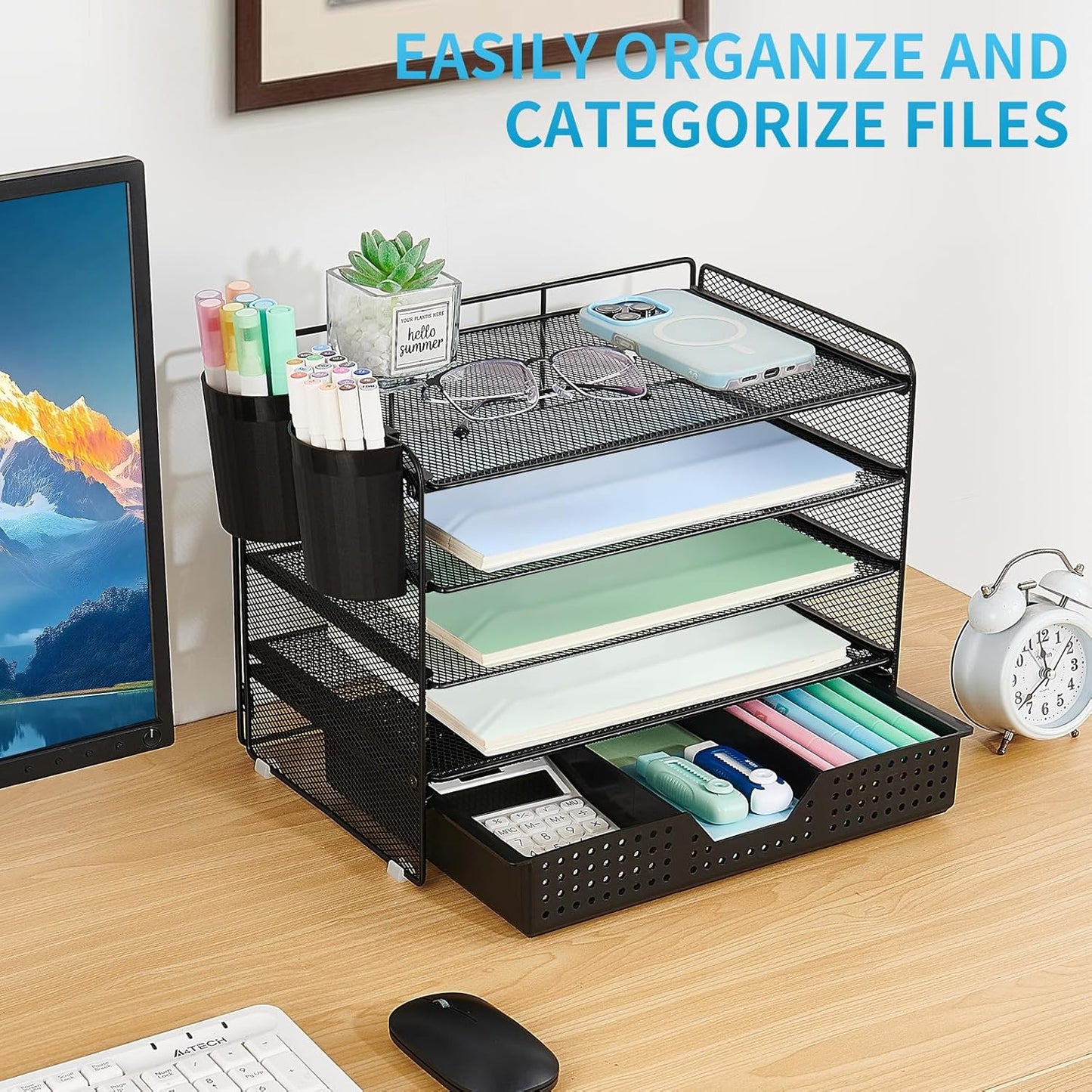 LEKETREE Desk Organizers and Accessories, 5-Tier Paper Letter Tray Organizer with File Holder, Desktop Organizer for Office Supplies (Black)