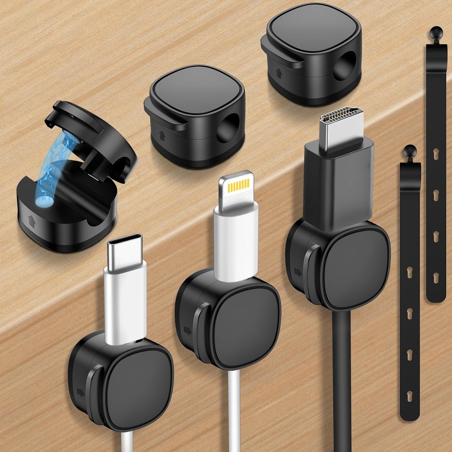 6 Pack,Magnetic Cable Clips & Silicon Cable Ties,[Cable Smooth Adjustable Under Desk Organizer],Cable Management,Cord Holder-Desk Stand Cable Organizer Holding,Adhesive for Home Cable Keeper