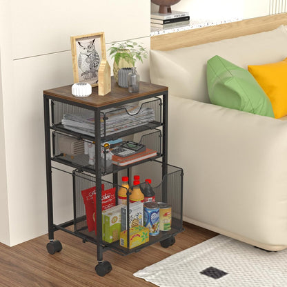 BOHDK Rolling File Cart with 3 Storage Drawers, Wood & Mesh Hanging File Folder Organizer with Wheels Under Desk, File Cabinets for Home Office, 11.81" D x 14.8" W x 25.39" H, White
