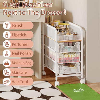 Rolling Makeup Cart Organizer with 3 Drawers, 4-Tier Narrow Floor Skincare Organizers with dividers, Vanity Organizer Cosmetics Display Cases for Makeup Brush, Hair Tool, White