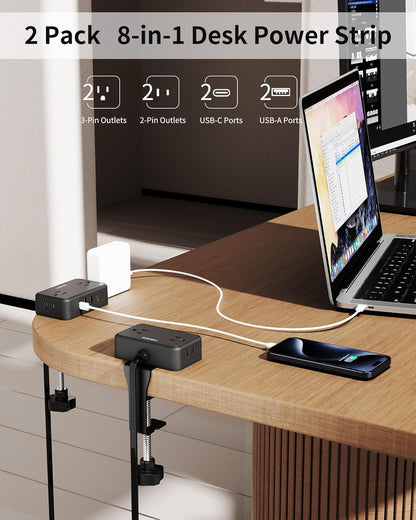HOPOW Desk Clamp Power Strip, Desktop Mount Charging Station with 4 Outlets 4 USB Ports (2 USB C), 10Ft Under Desk Power Strip, Fits 2.75" Tabletop Edge, Extension Cord for Home Office, Black
