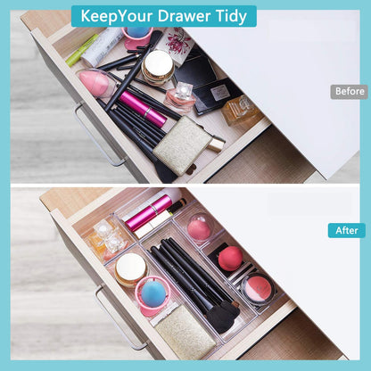 DCA 44 PCS Clear Drawer Organizers Set, 4 Size Versatile Bathroom and Vanity Organizer Trays, Cosmetic Display Cases for Makeup, Jewelries, Bedroom, Kitchen Utensils and Office