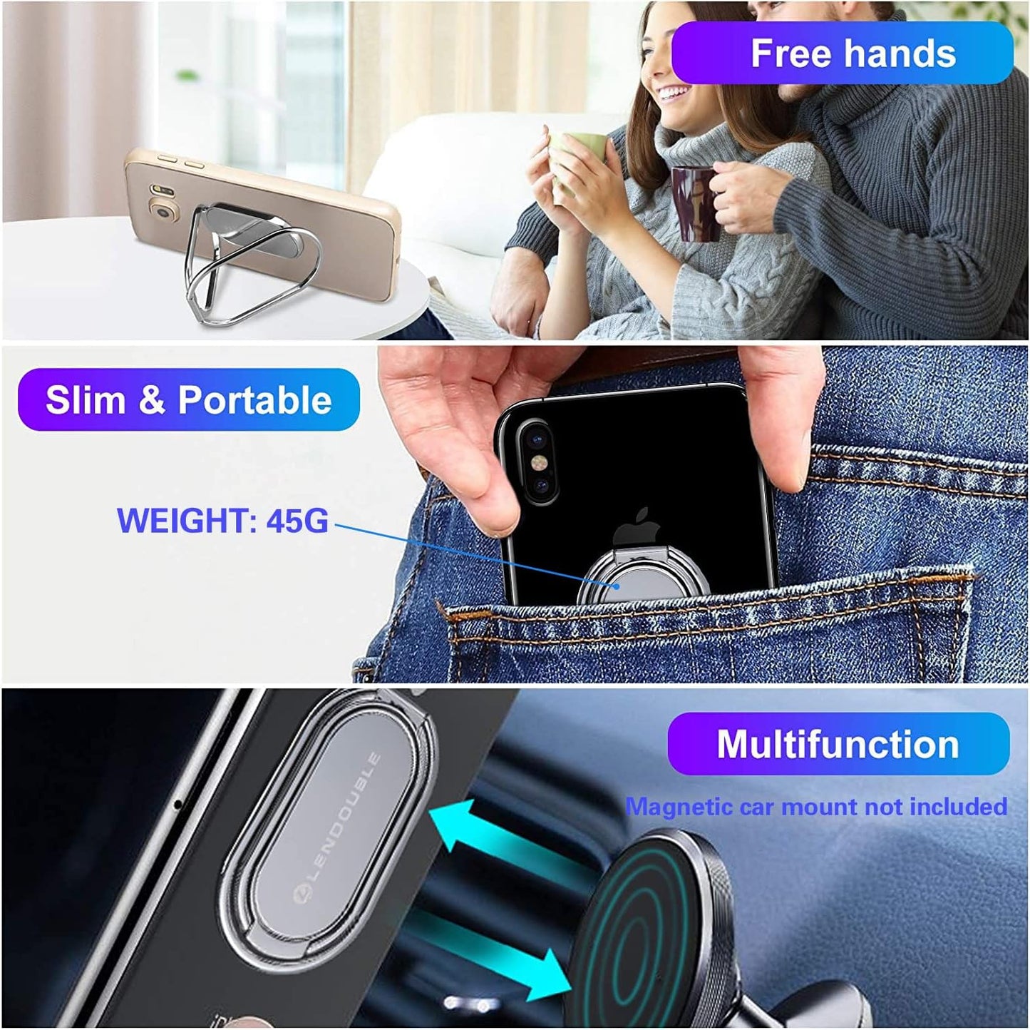 Foldable Cell Phone Stand for Desk, Adjustable Cellphone Ring Holder Finger Kickstand for Office Desktop & Magnetic Car Mount, Rotatable Multi-Angle Hand Grip for iPhone 16 15 Smartphones Back Case