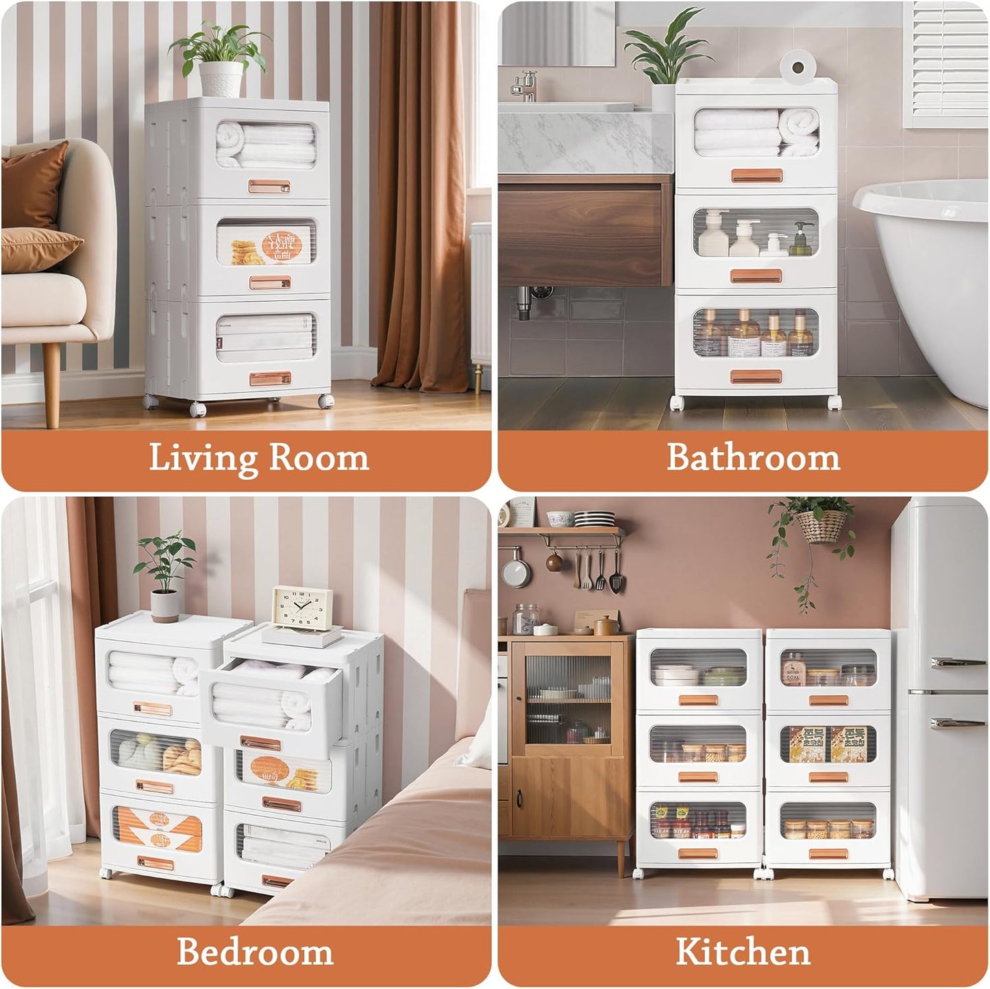 VECELO Plastic Storage Cabinet with Drawers, Stackable Storage Bins with Wheels, Waterproof Bathroom Storage Organizer, Multi-Tier Closet Storage for Bedroom, Living Room, Kitchen, Large 2-Tier