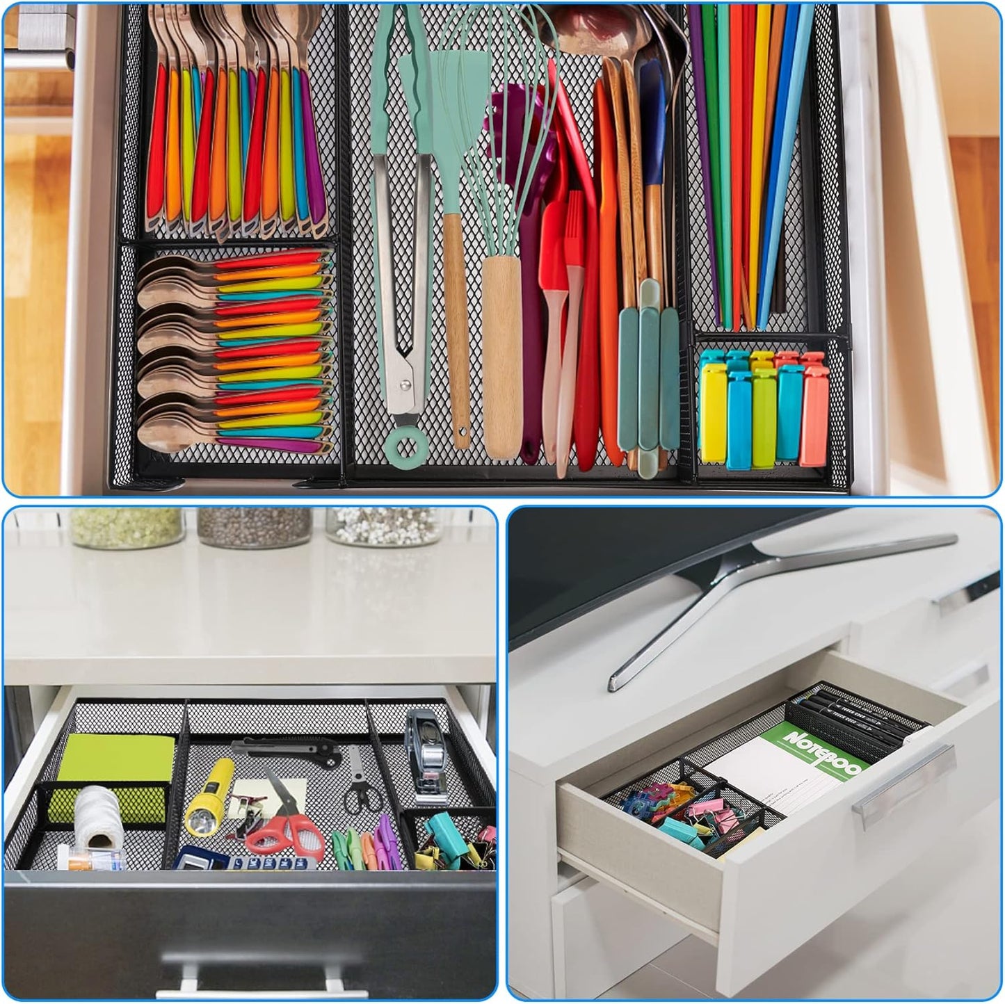 Desk Drawer Organizer Tray with Adjustable Compartments, 6 Grid Metal Mesh Drawer, Multi-use Desk Organizer Storage Box Set for Office,Home,School Supplies, 12.6X9X1.9 inch