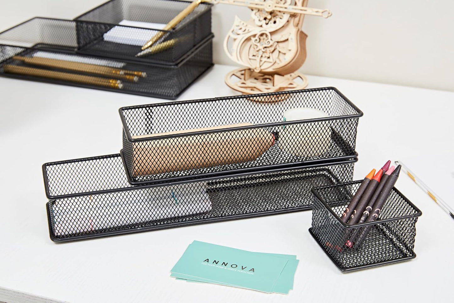 Annova Stackable Mesh Drawer Cabinet and Shelf Organizer Bins Storage Basket School Office Supply Holder Tray- Set of 2 (Gold, 3x3x2 Inch)