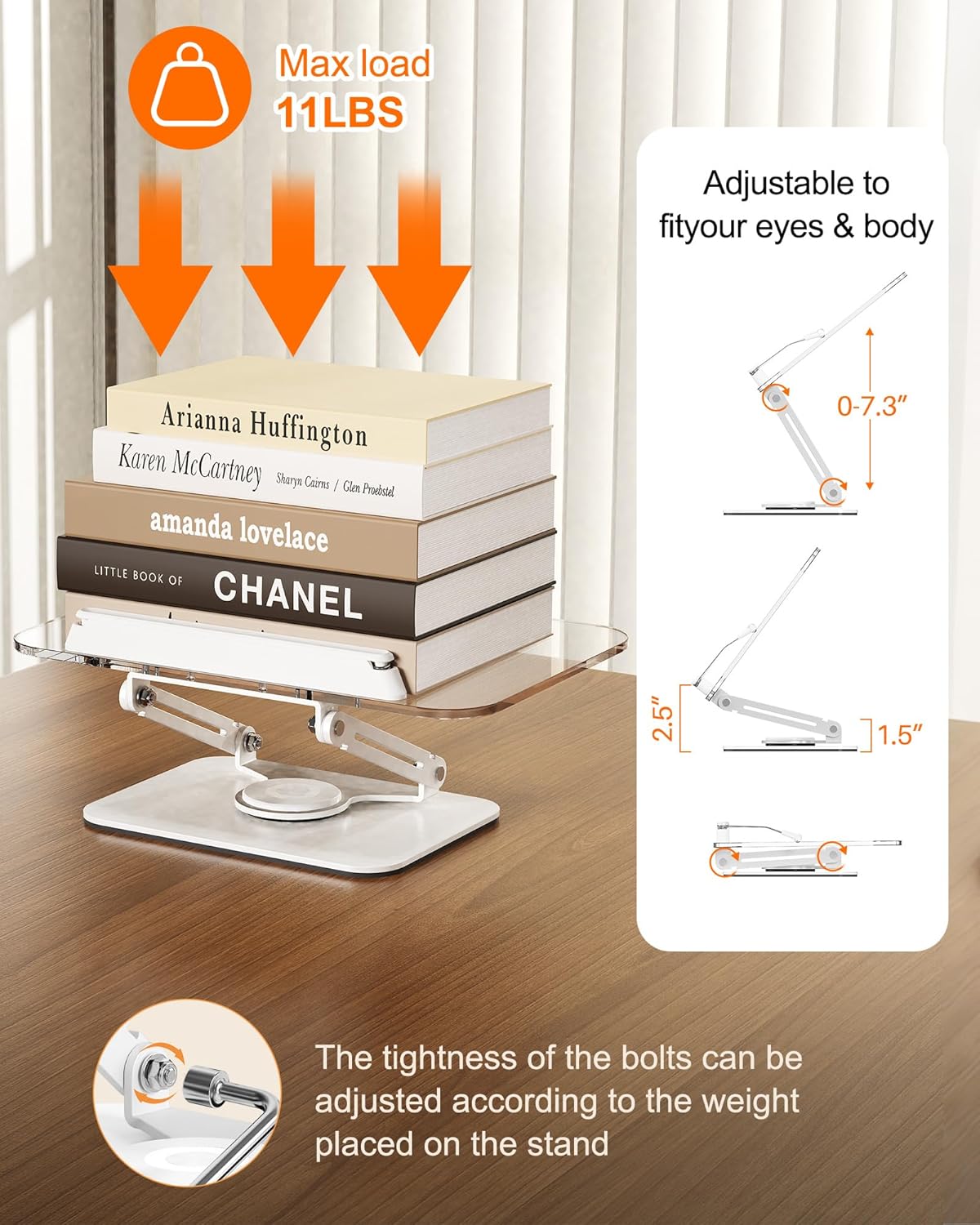 BYMECOST Acrylic Book Stand for Reading, Adjustable Book Holder with 360° Rotating Base & Elastic Page Clips, Foldable Desktop Riser Stand for Cookbook,Laptop,Tablet,Music Scores,Recipe,Textbook
