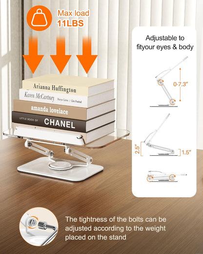 BYMECOST Acrylic Book Stand for Reading, Adjustable Book Holder with 360° Rotating Base & Elastic Page Clips, Foldable Desktop Riser Stand for Cookbook,Laptop,Tablet,Music Scores,Recipe,Textbook