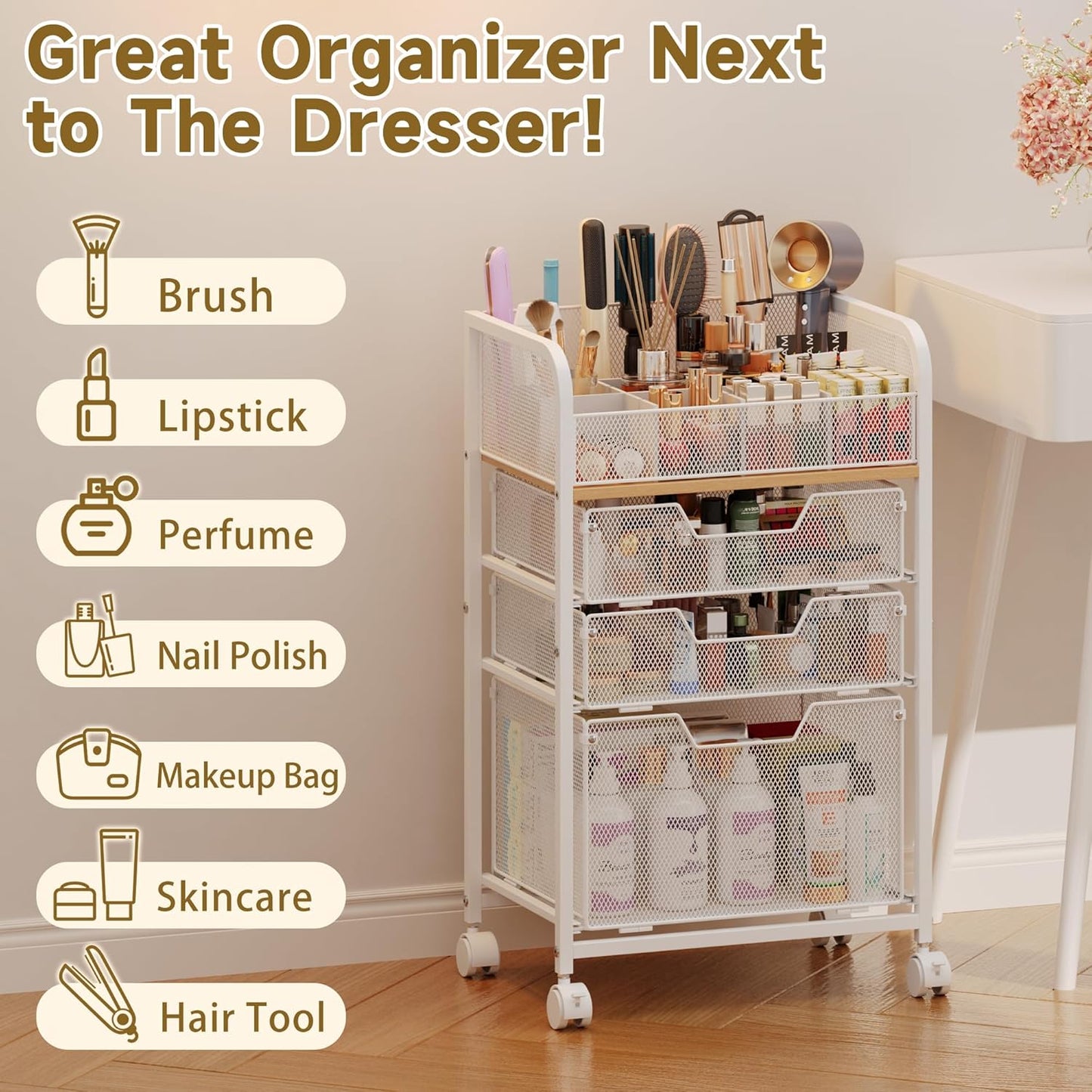 Rolling Makeup Cart Organizer with 3 Drawers, 4-Tier Narrow Floor Skincare Organizers with dividers, Vanity Organizer Cosmetics Display Cases for Makeup Brush, Hair Tool, White