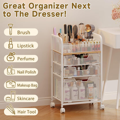 Rolling Makeup Cart Organizer with 3 Drawers, 4-Tier Narrow Floor Skincare Organizers with dividers, Vanity Organizer Cosmetics Display Cases for Makeup Brush, Hair Tool, White