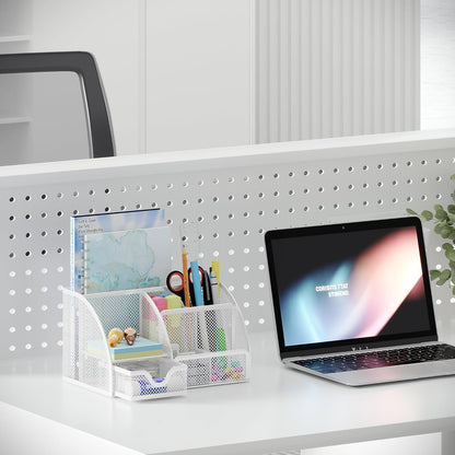 EasyPAG Mesh Desk Organizer with Drawer Multi-functional Pen Holder Stationery Organizer for Office School Supplies 6 Compartments Dorm Organizers and Storage for Desk, Black