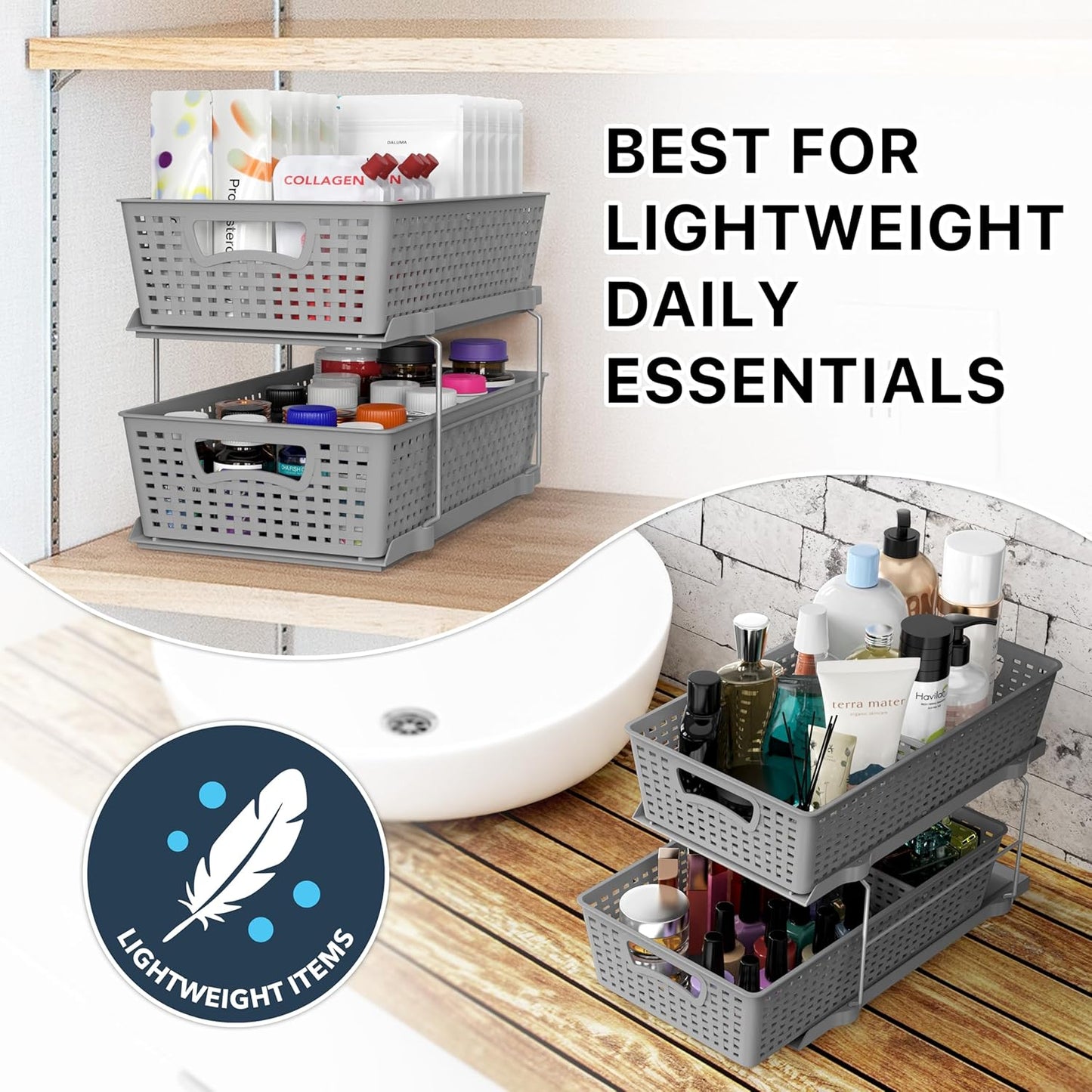 Simple Houseware 2 Tier Bathroom Organizer Tray Pull-Out Sliding Drawer, Under Sink Storage, Black