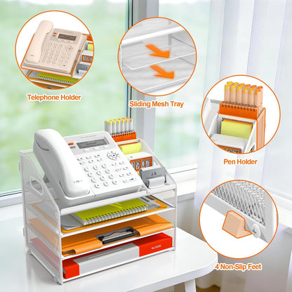 DocNest 4 Tier Metal Mesh Letter Tray - Space Saving Desk File Organizer with Handle, Pen Holder & Folder Holder - Desktop Document Sorter for Office, Home, School, Classroom - Black