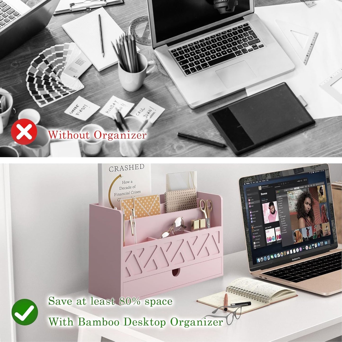 Bamboo Mail Organizer Countertop Desktop with Drawer - Desk Organizer with File Organizer for Office Supplies All-in-One Desk File Organization with Pencil Holder for Paper Letter Envelope Bill