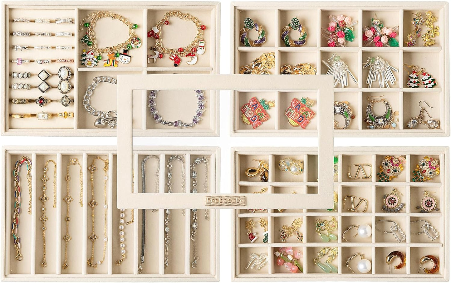 Frebeauty Stackable Jewelry Trays, Velvet Drawer Jewelry Organizer with Glass Lid,5 in 1 Multi-Functional Jewelry Storage for Earrings Necklaces Rings, 10.5 x 6.5 x 5.55 Inches Gift for Women(Beige)