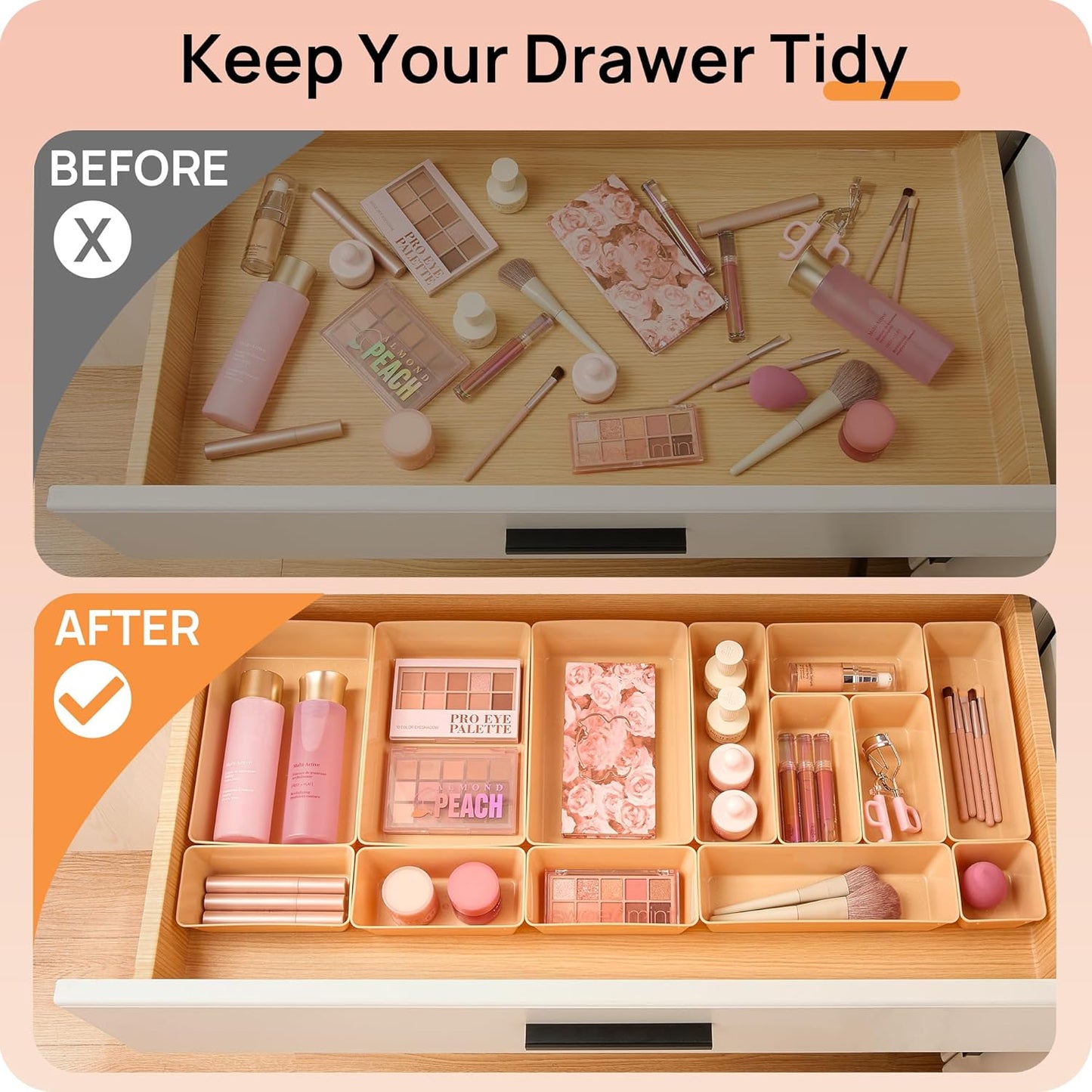 Vtopmart 25 PCS Clear Plastic Drawer Organizers Set, 4-Size Versatile Bathroom and Vanity Drawer Organizer Trays, Storage Bins for Makeup, Bedroom, Kitchen Gadgets Utensils and Office