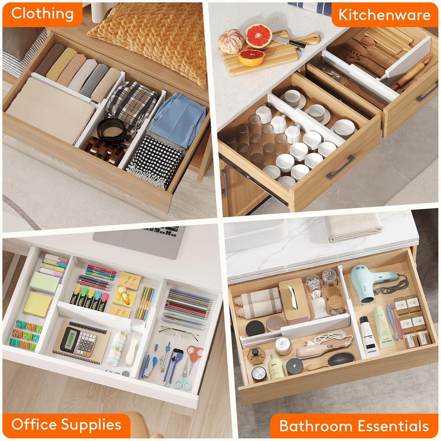 Lifewit 5 Pack 4" High Drawer Dividers 28-43.5cm/11-17" Adjustable Drawer Organizer for Clothes/Utensils, Expandable Drawer Separator in Dresser/Kitchen/Bedroom/Office Organization & Storage White