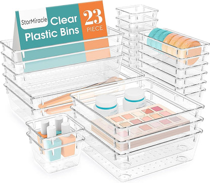 StorMiracle 16 PCS Drawer Organizer Set, 5 Varied Size Bathroom and kitchen Drawer cabinet organizer Trays, Clear Storage Bins for Makeup, Jewelry, Utensils and Gadgets
