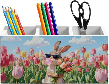 Blue Coquette Bow Pen Holder for Home Office Desk, Girly Office Decor, Preppy Blue Ribbon Bow Aesthetic Wooden Box Sign Pencil Holder for Desk Shelf Organizer