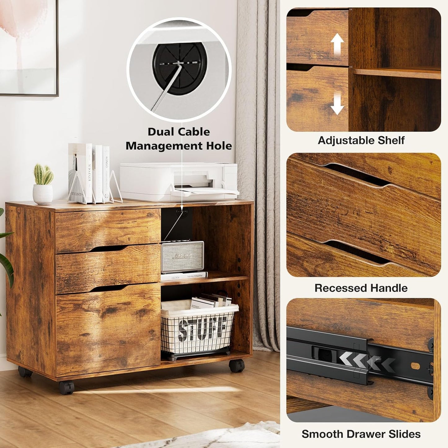 DUMOS Lateral File Cabinet with 3 Drawers Rolling Filing Cabinets Under Desk Storage Printer Stand Wood Organizer with Wheels Adjustable Shelf for Office Home Small Space, White