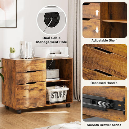 DUMOS Lateral File Cabinet with 3 Drawers Rolling Filing Cabinets Under Desk Storage Printer Stand Wood Organizer with Wheels Adjustable Shelf for Office Home Small Space, White