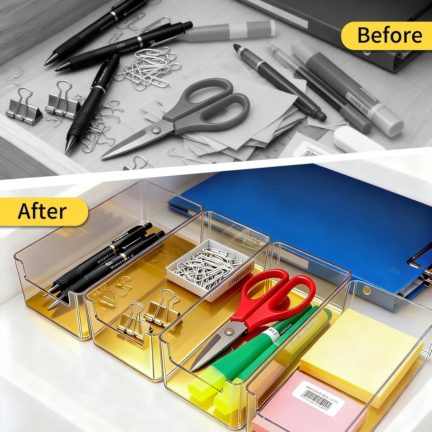 3pcs Plastic Drawer Organizer, 3 Sizes Desk Drawer Divider Organizers and Containers for Makeup, Jewerly, Kitchen drawer organizers, Bedroom, Bathroom, Office supply for storage (Gold)