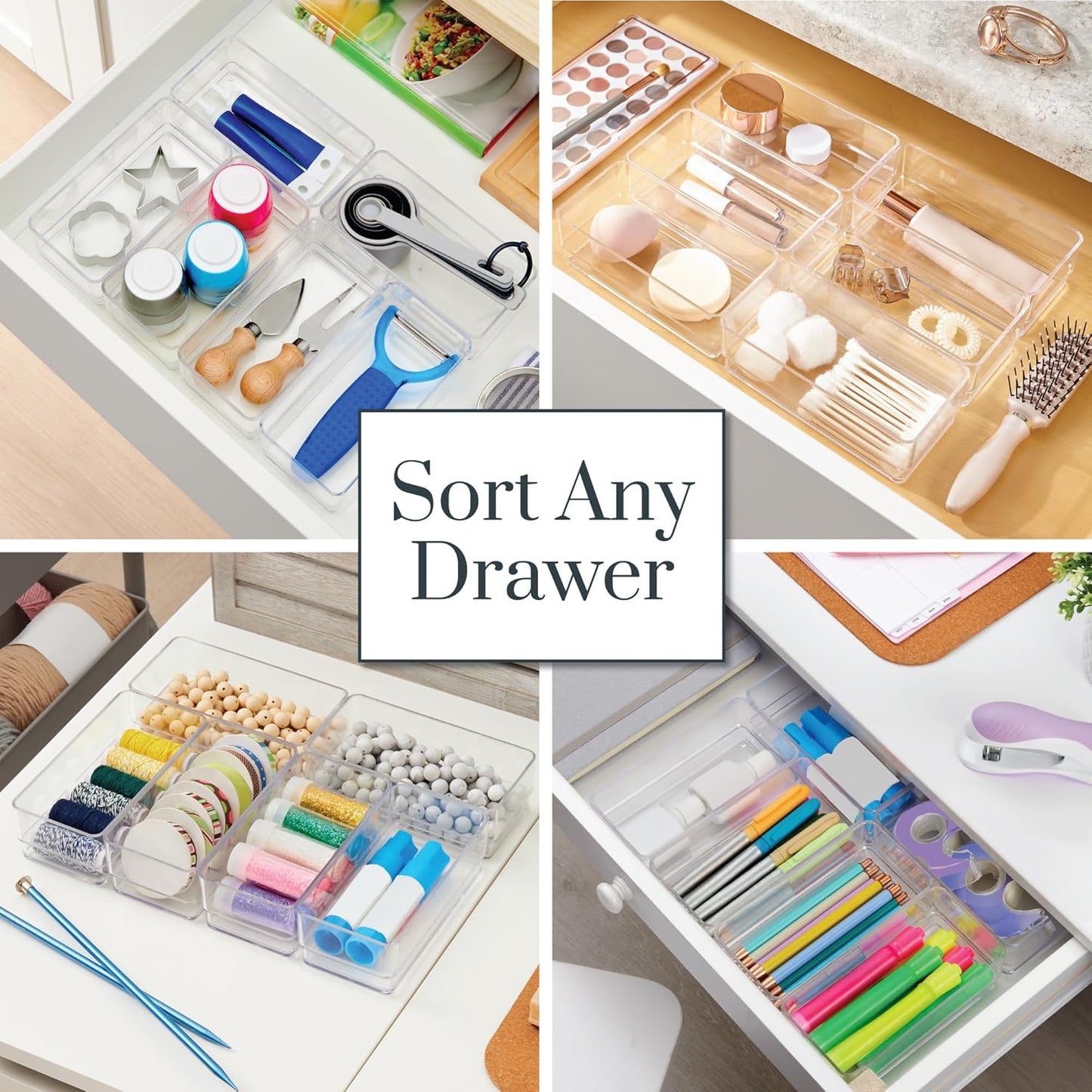 STORi SimpleSort 6-Piece Stackable Clear Drawer Organizer Set | 12" x 3" x 2" Rectangle Trays | Narrow Makeup Vanity Storage Bins and Office Desk Drawer Dividers | Made in USA