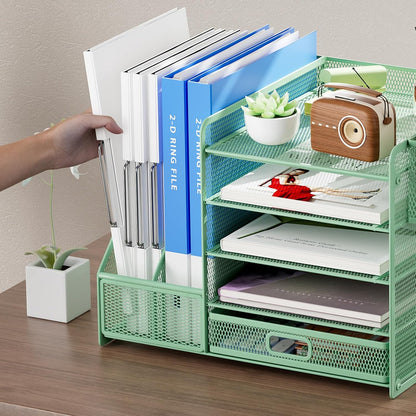 Marbrasse Desk Organizer with File Holder, 5-Tier Paper Letter Tray Organizer with Drawer and 2 Pen Holder, Mesh Desktop Organizer and Storage with Magazine Holder for Office Supplies(Black)