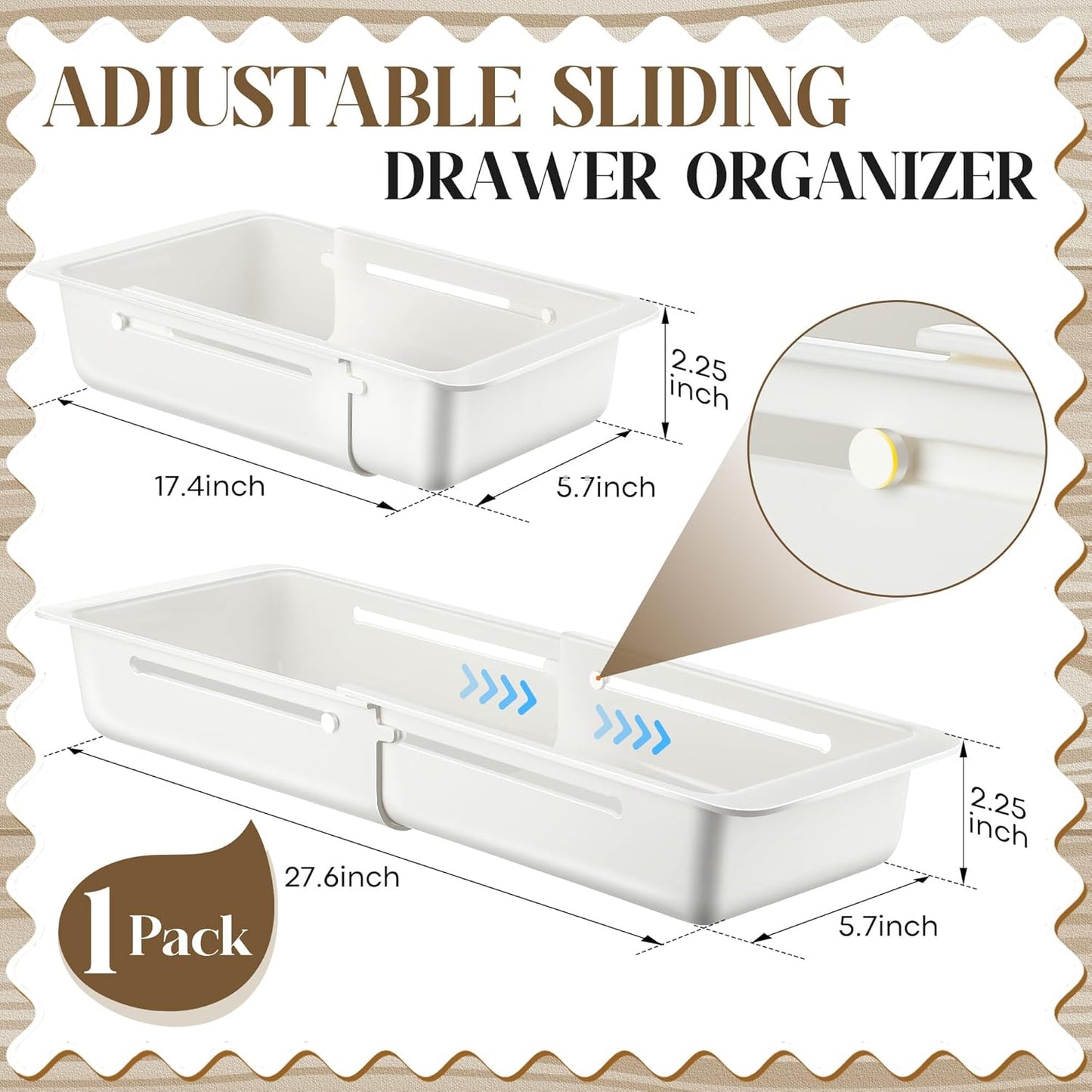 1 Pack Deep Drawer Organizer Bins, Sliding Drawer Organizer Bin Expandable and Adjustable Tray for Kitchen Utensils, Towels, BBQ Tools, Durable Plastic Sliding for Easy Storage (12.4-17.7")
