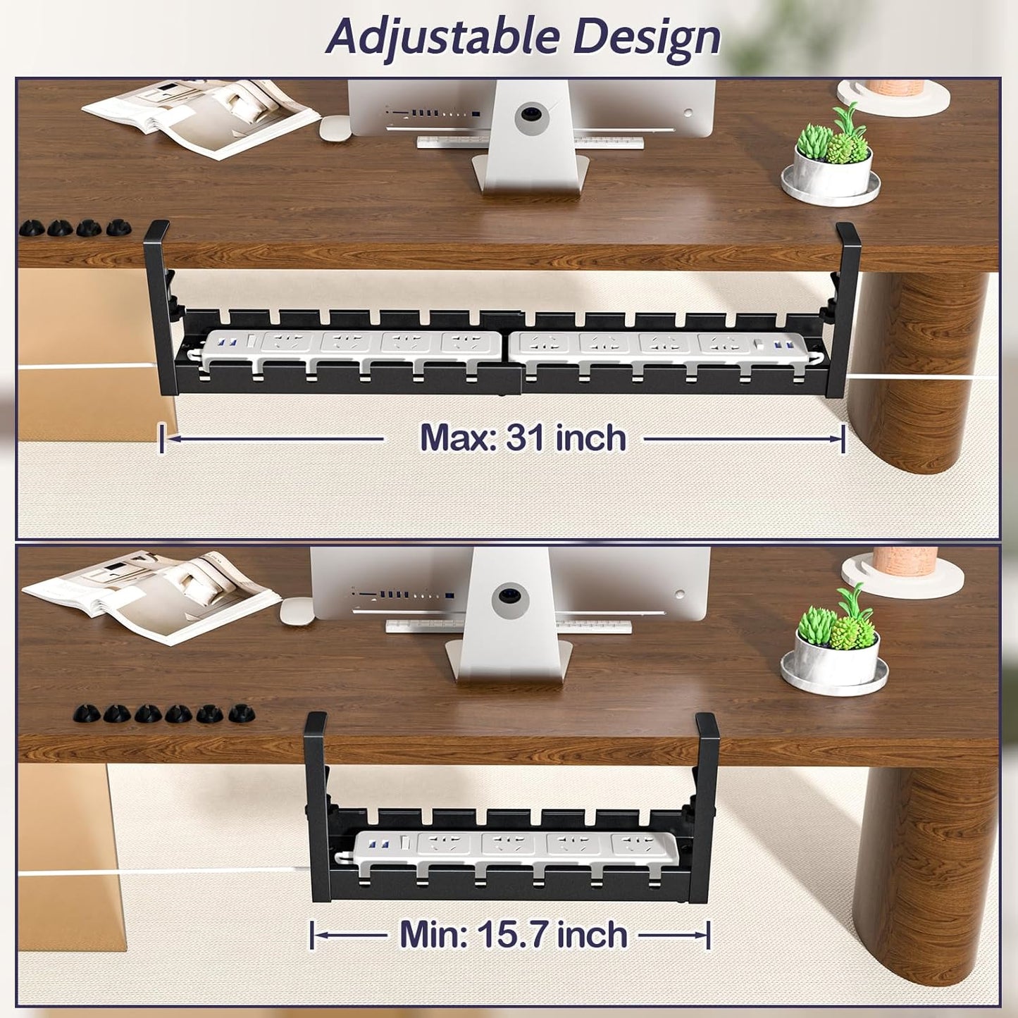 Shikha Cable Management Under Desk, 15.7"-31" Retractable Cable Management Tray, No Drilling Cord Organizer with Clamp for Desk, Under Table Wire Management Tray for Home Office -White