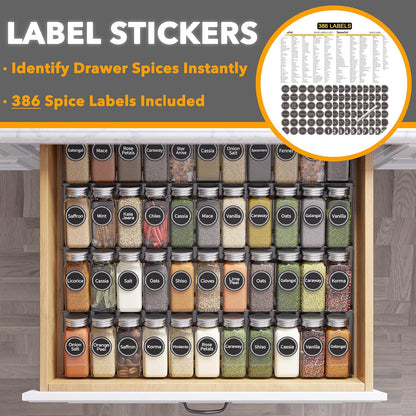 SpaceAid Spice Drawer Organizer with 28 Spice Jars, 386 Spice Labels, 4 Tier Seasoning Rack Tray Insert for Kitchen Drawers, 13" Wide x 17.5" Deep