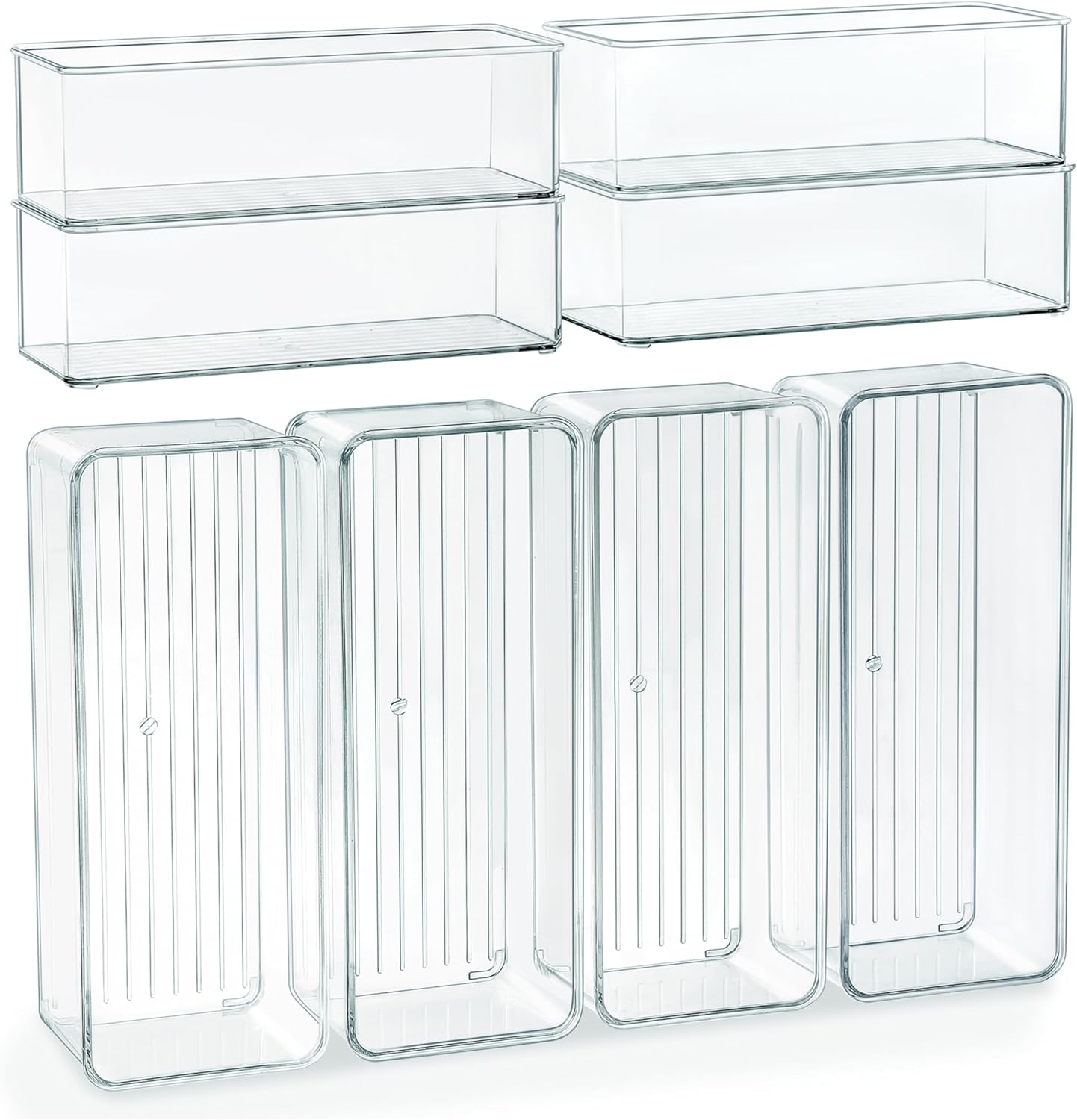 Qilinba 8 PACK Drawer Organizer Bins Bathroom Deep Drawer Organizer Tray for Cutlery Vanity Make-up, Clear Stackable Storage Bins for Kitchen Cabinet Closet Counter Organization and Storage
